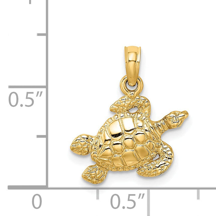 14k Yellow Gold Solid Casted Polished and Textured Finish Sea Turtle Charm Pendant