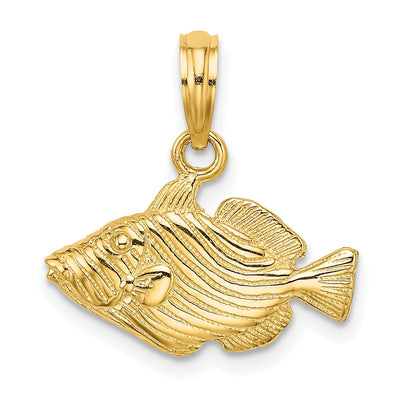 14K Yellow Gold Textured Polished Finish Striped Fish 2-Dimensional Design Charm Pendant
