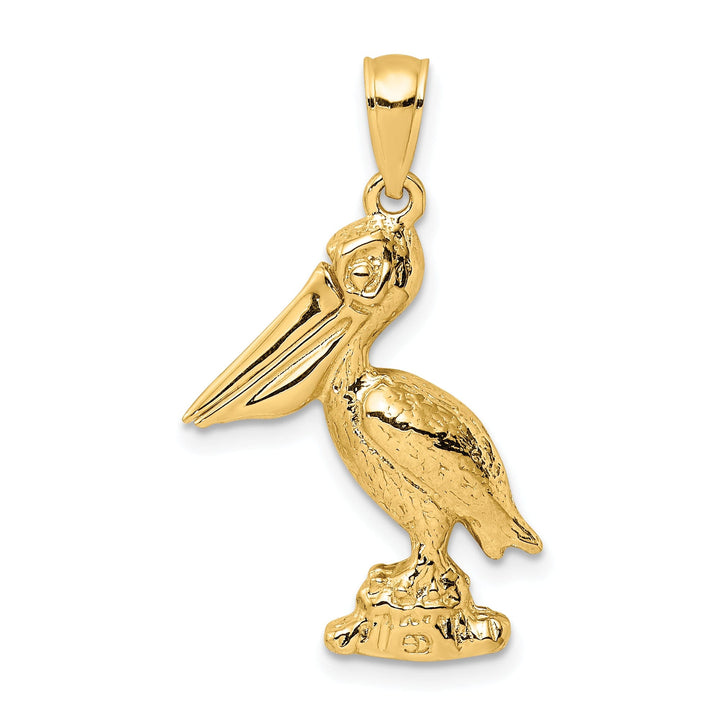 14K Yellow Gold Polished Textured Finish 3-Dimensional Large Size Standing on Piling Pelican with Moveable Mouth Charm Pendant