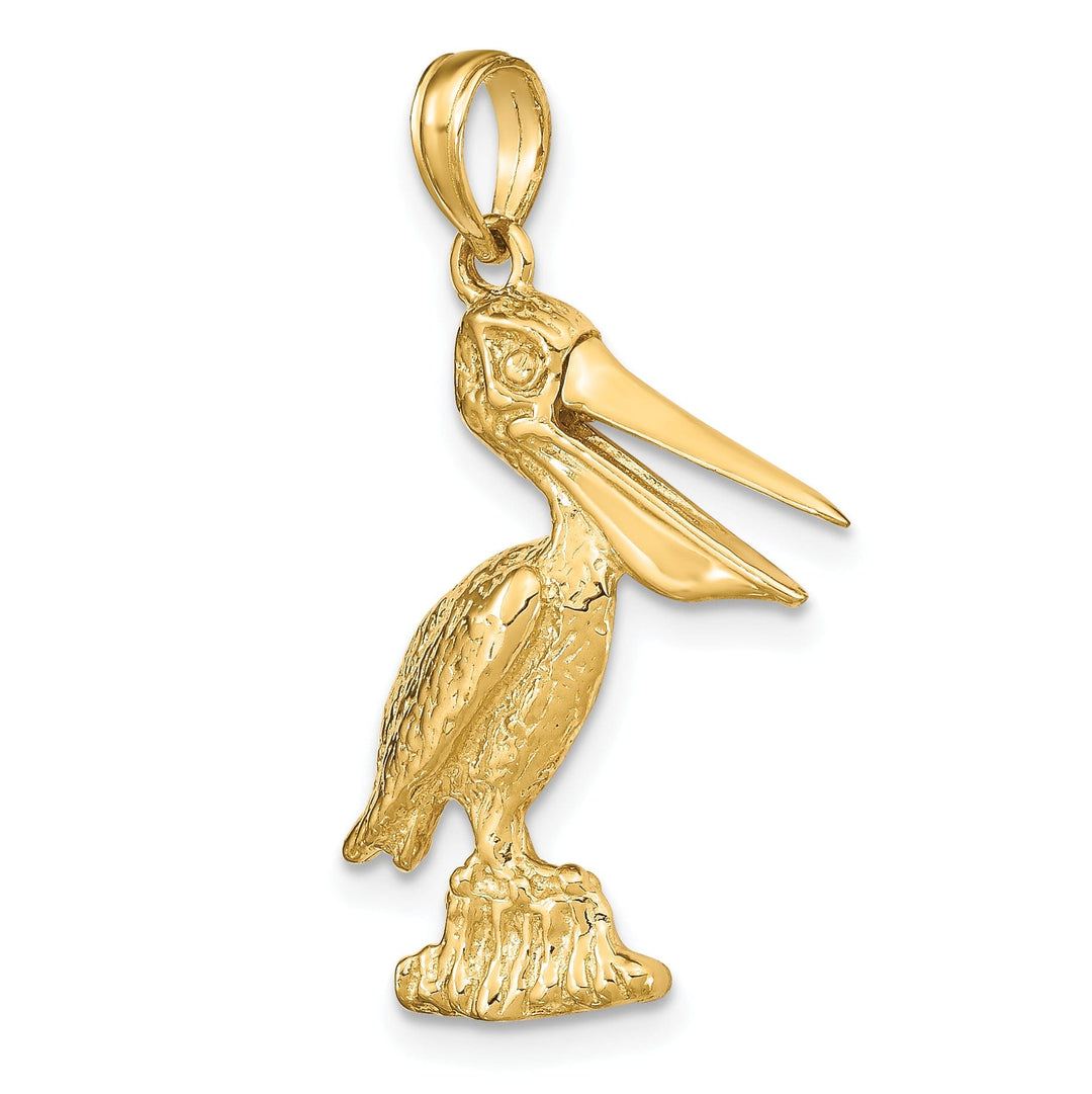 14K Yellow Gold Polished Textured Finish 3-Dimensional Large Size Standing on Piling Pelican with Moveable Mouth Charm Pendant