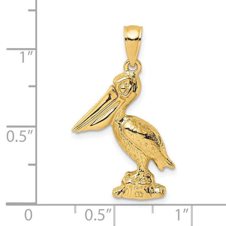 14K Yellow Gold Polished Textured Finish 3-Dimensional Large Size Standing on Piling Pelican with Moveable Mouth Charm Pendant