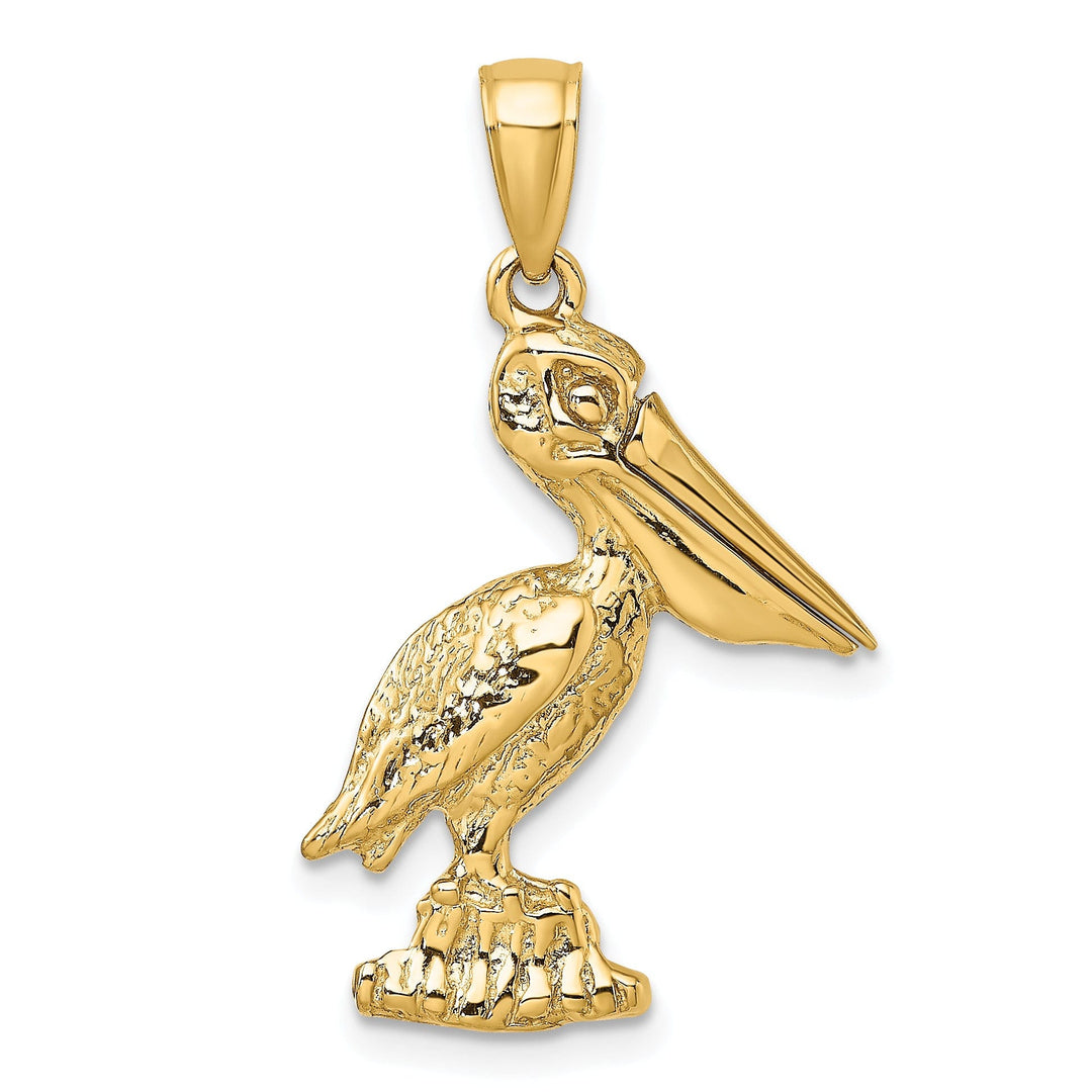 14K Yellow Gold Polished Textured Finish 3-Dimensional Large Size Standing on Piling Pelican with Moveable Mouth Charm Pendant