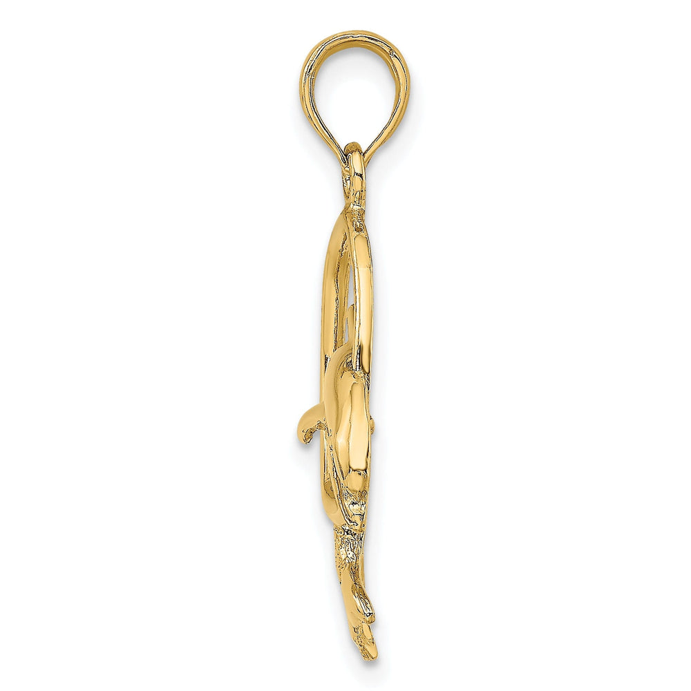 14K Yellow Gold Textured Polished Finish Dolphin Jumping Through Hoop Charm Pendant