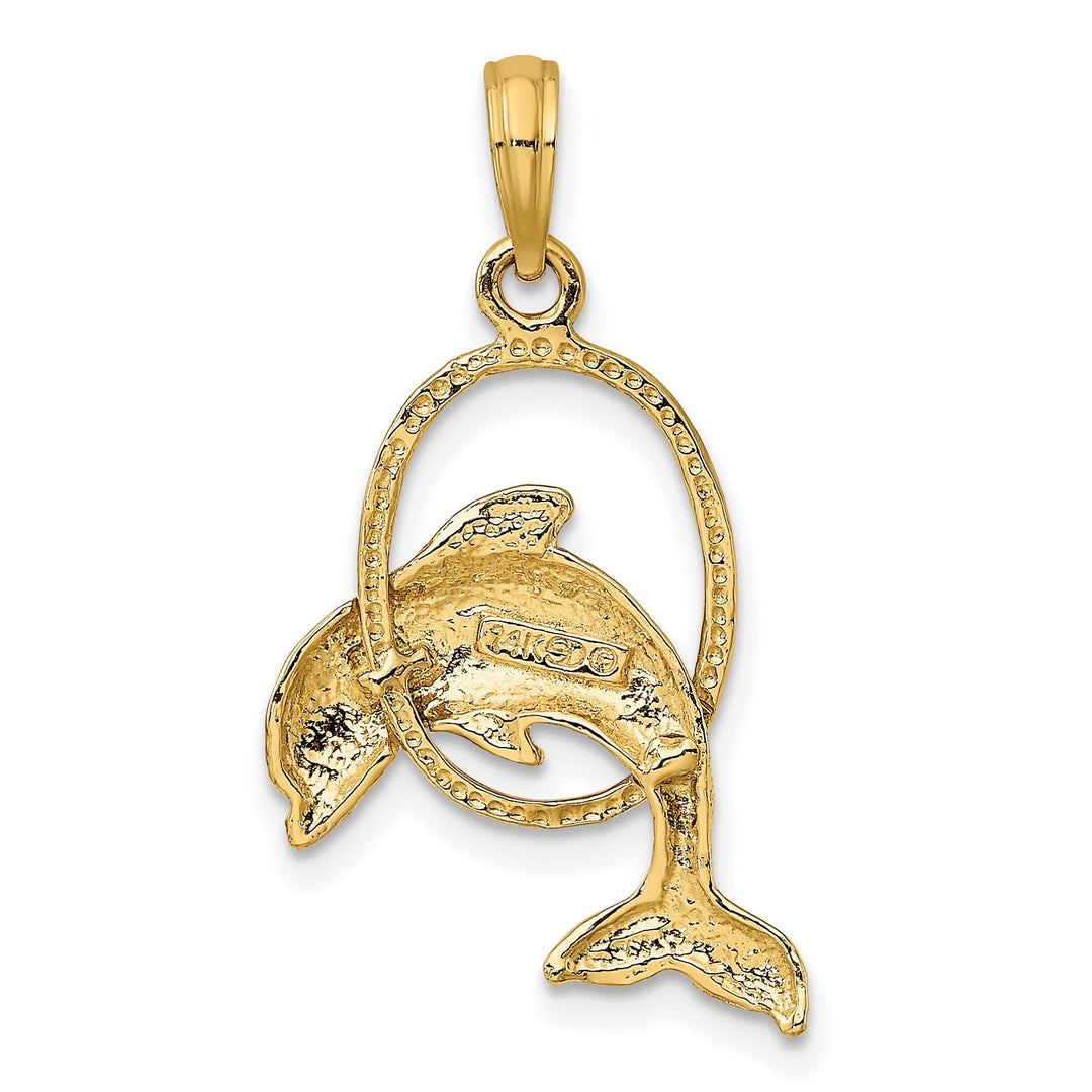 14K Yellow Gold Textured Polished Finish Dolphin Jumping Through Hoop Charm Pendant