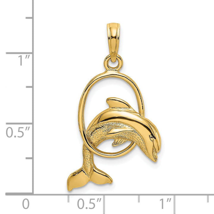 14K Yellow Gold Textured Polished Finish Dolphin Jumping Through Hoop Charm Pendant