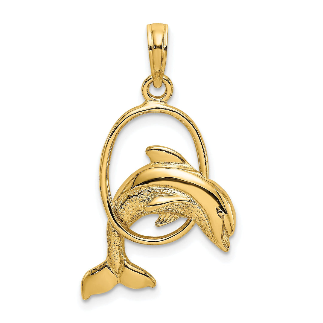 14K Yellow Gold Textured Polished Finish Dolphin Jumping Through Hoop Charm Pendant