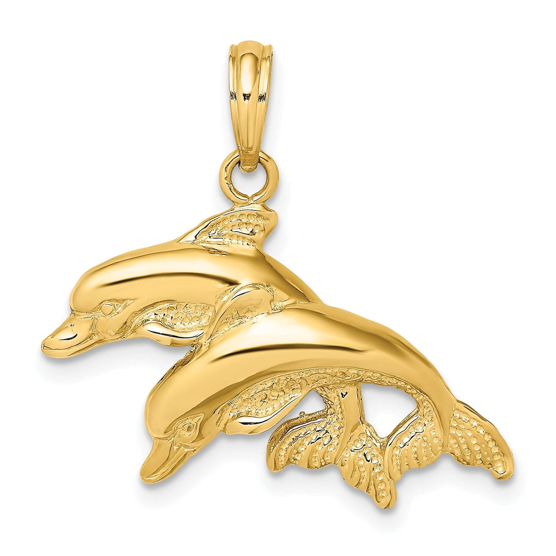 14K Yellow Gold Textured Solid Polished Finish 2-Dimensional Double Dolphins Charm Pendant