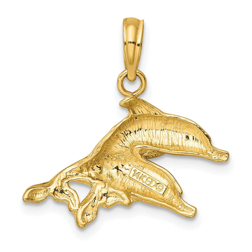 14K Yellow Gold Textured Polished Finish 2-Dimensional Double Dolphins Charm Pendant