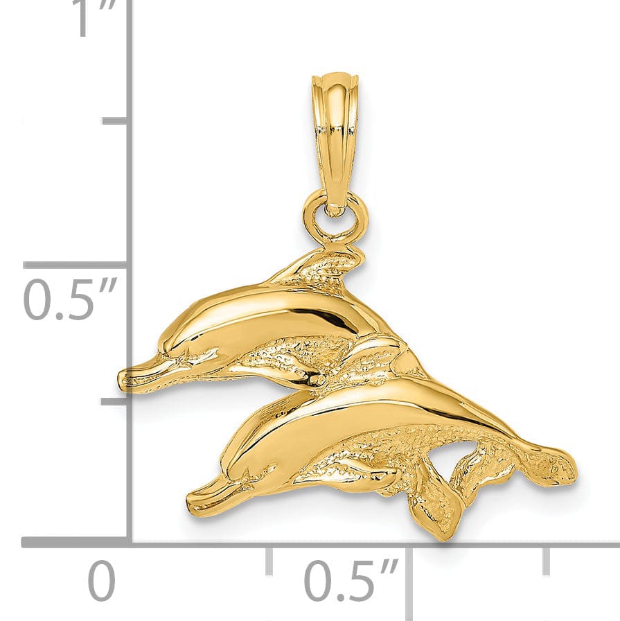 14K Yellow Gold Textured Polished Finish 2-Dimensional Double Dolphins Charm Pendant