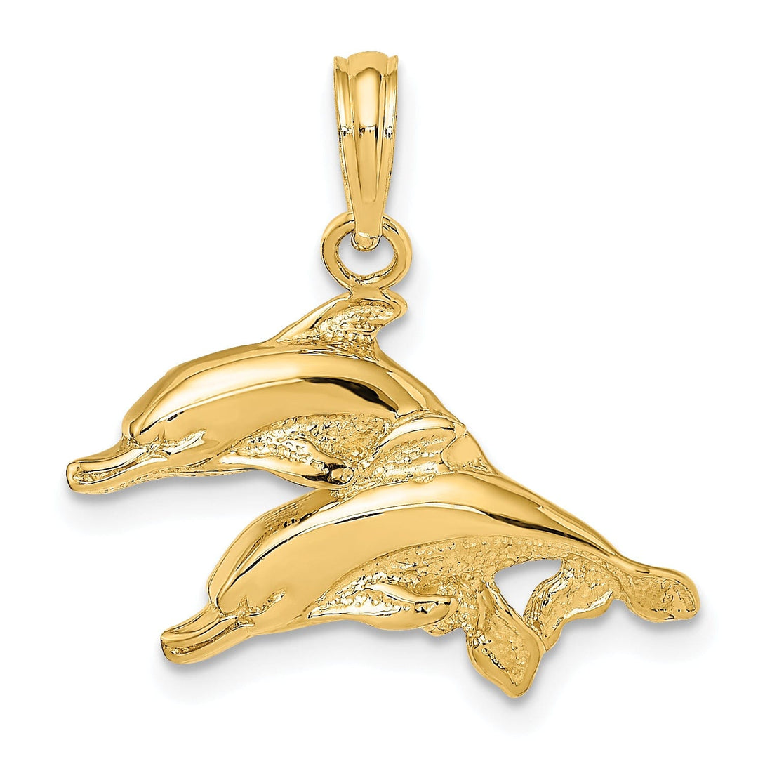 14K Yellow Gold Textured Polished Finish 2-Dimensional Double Dolphins Charm Pendant
