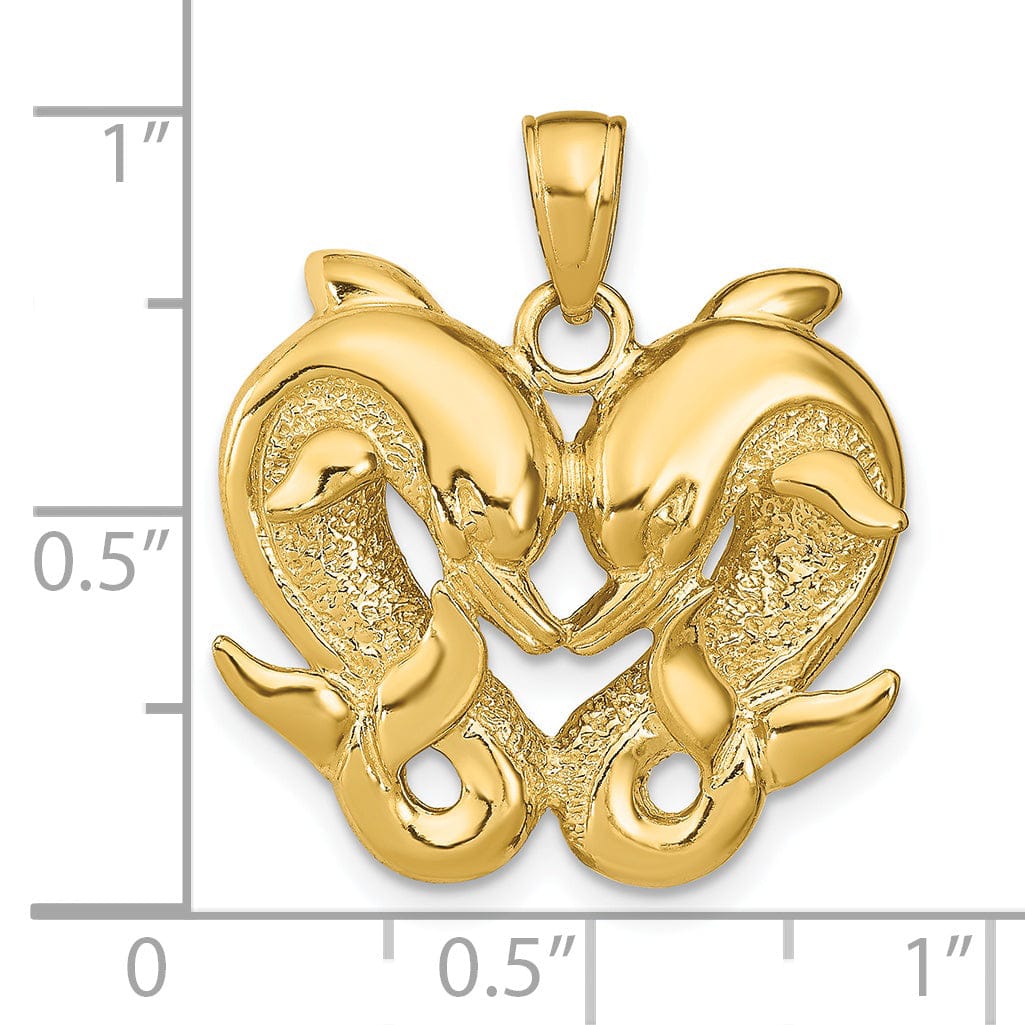 14k Yellow Gold Textured Polished Finish Solid Dolphins Charm Pendant