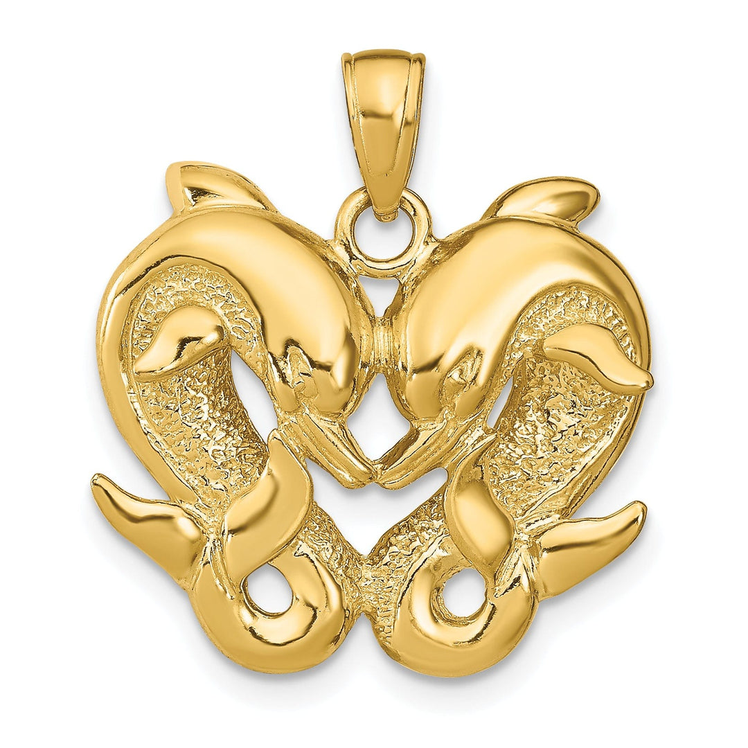 14k Yellow Gold Textured Polished Finish Solid Dolphins Charm Pendant