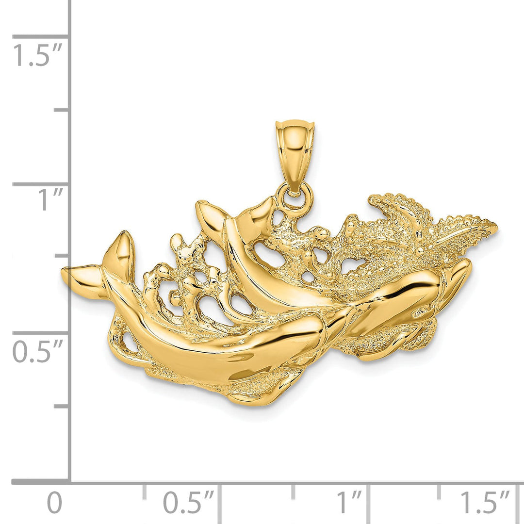 14K Yellow Gold Polished Textured Finish Dolphins Swimming in Starfish Design Charm Pendant