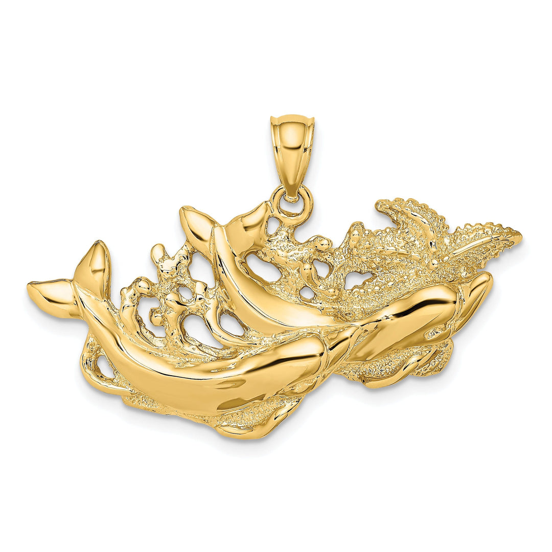 14K Yellow Gold Polished Textured Finish Dolphins Swimming in Starfish Design Charm Pendant