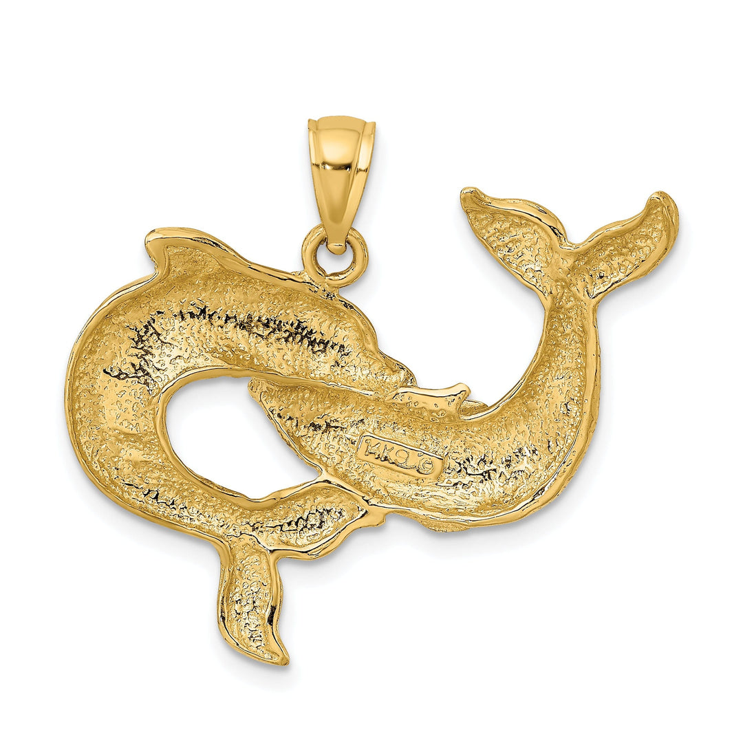 14K Yellow Gold Textured Polished Finish Two Dolphins Together Playing Charm Pendant