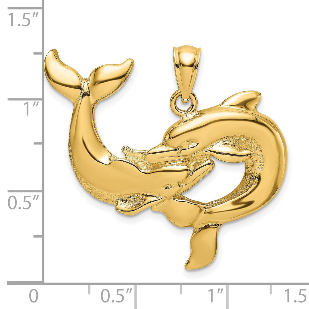 14K Yellow Gold Textured Polished Finish Two Dolphins Together Playing Charm Pendant