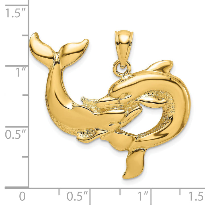 14K Yellow Gold Textured Polished Finish Two Dolphins Together Playing Charm Pendant