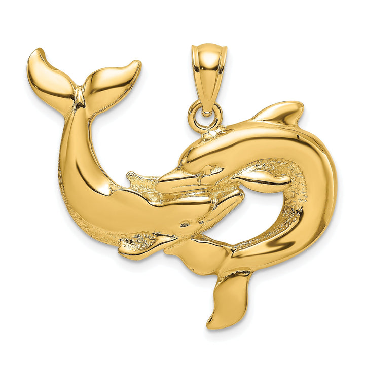 14K Yellow Gold Textured Polished Finish Two Dolphins Together Playing Charm Pendant