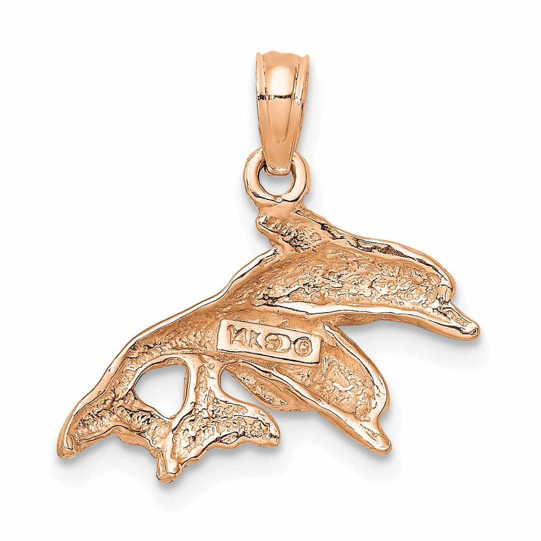 14K Rose Gold 2-DimensionalTextured Polished Finish Double Dolphins Jumping Left Sided Charm Pendant