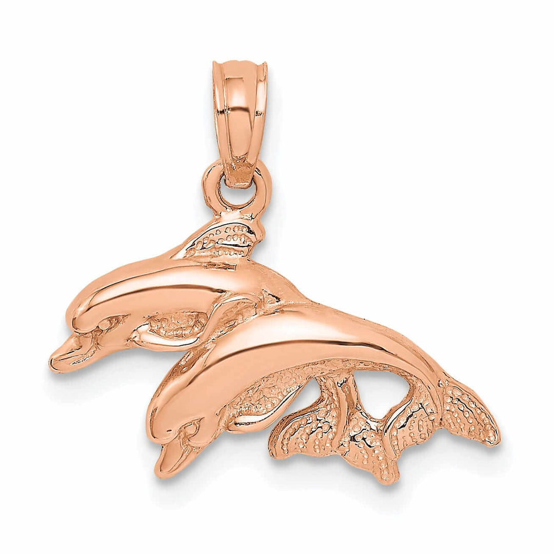 14K Rose Gold 2-DimensionalTextured Polished Finish Double Dolphins Jumping Left Sided Charm Pendant
