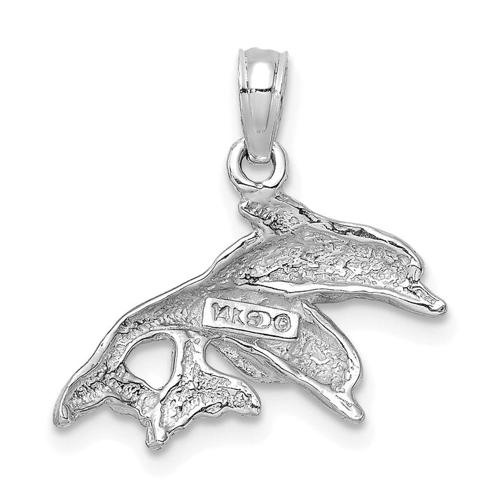 14K White Gold 2-Dimensional Textured Polished Finish Double Dolphins Jumping Left Sided Charm Pendant