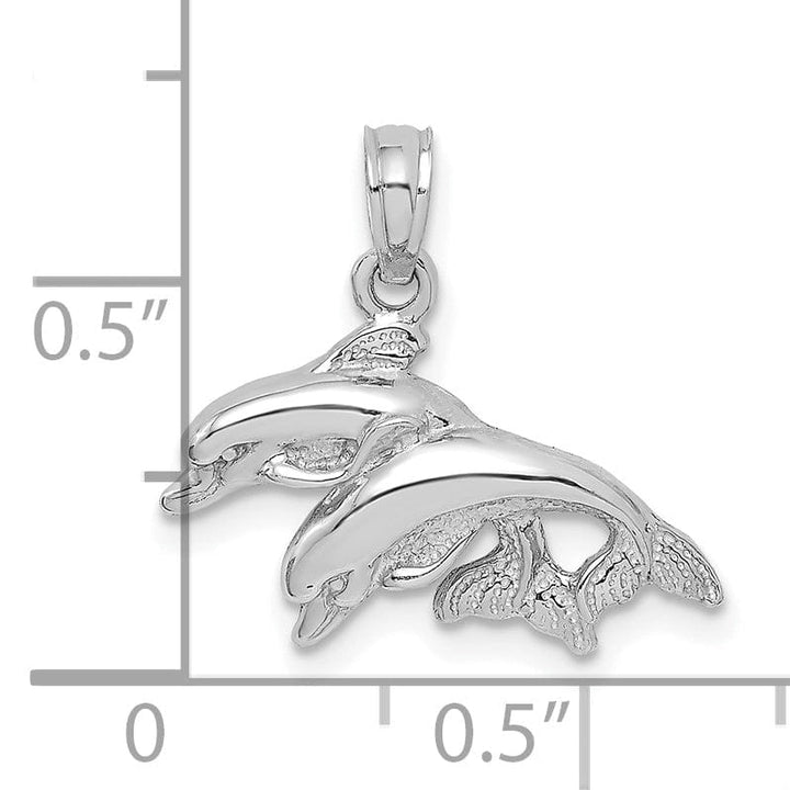 14K White Gold 2-Dimensional Textured Polished Finish Double Dolphins Jumping Left Sided Charm Pendant