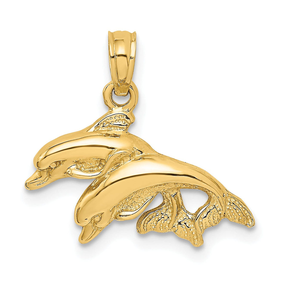 14K Yellow Gold 2-Dimensional Textured Polished Finish Double Dolphins Jumping Left Sided Charm Pendant