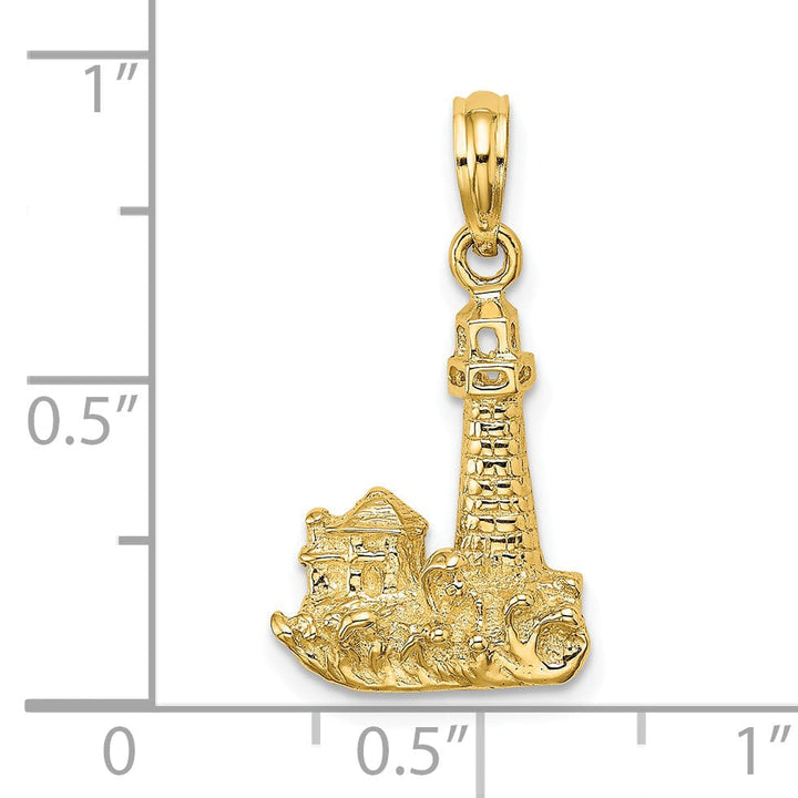 14K Yellow Gold Polished Finish 2-D Lighthouse with Waves Building Design Charm
