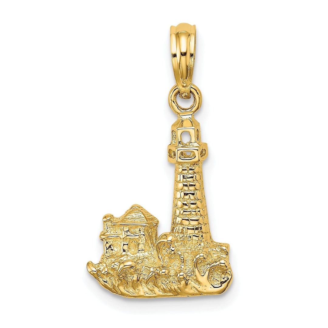 14K Yellow Gold Polished Finish 2-D Lighthouse with Waves Building Design Charm