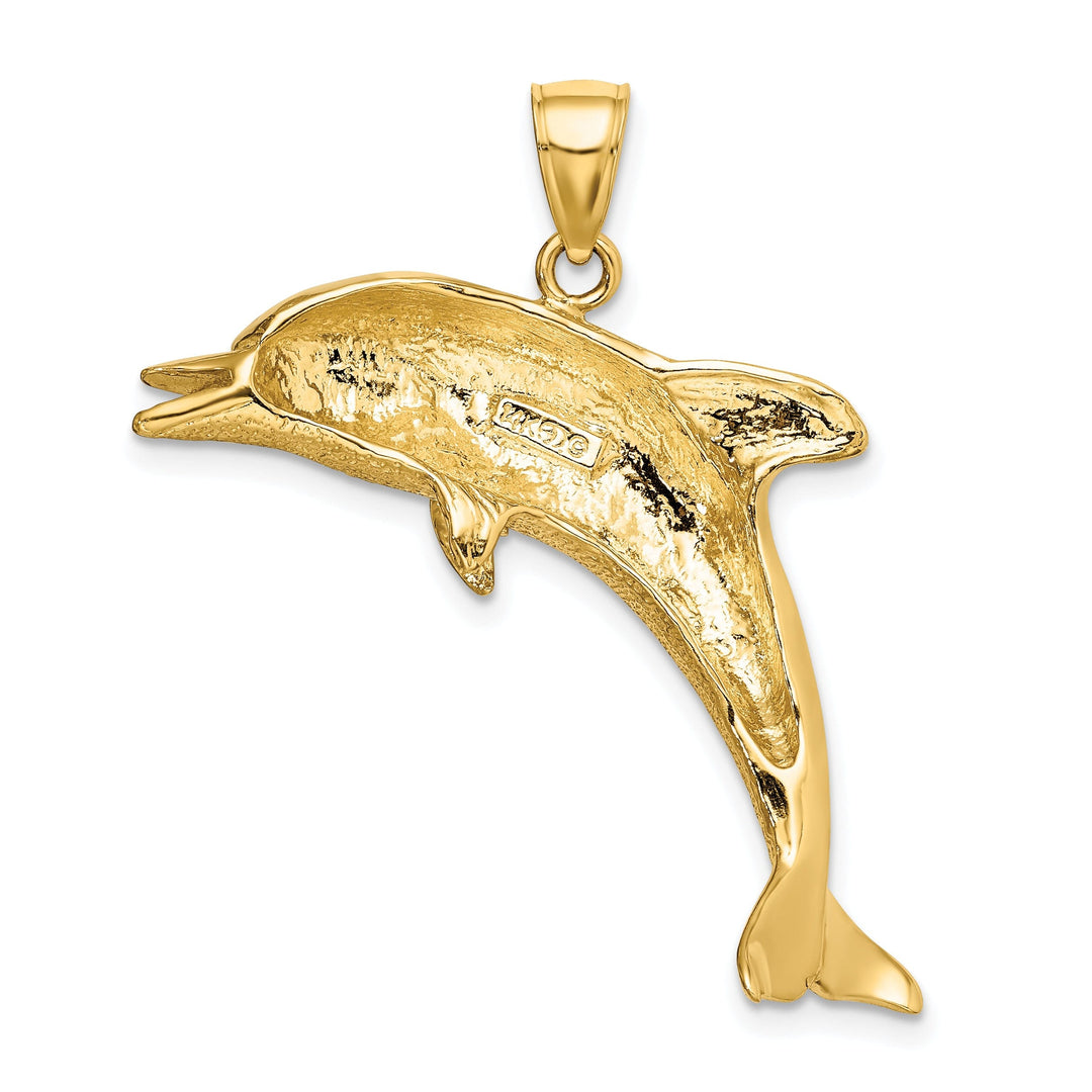 14k Yellow Gold Solid Casted Open Back Polished and Textured Finish Jumping Dolphin Charm Pendant