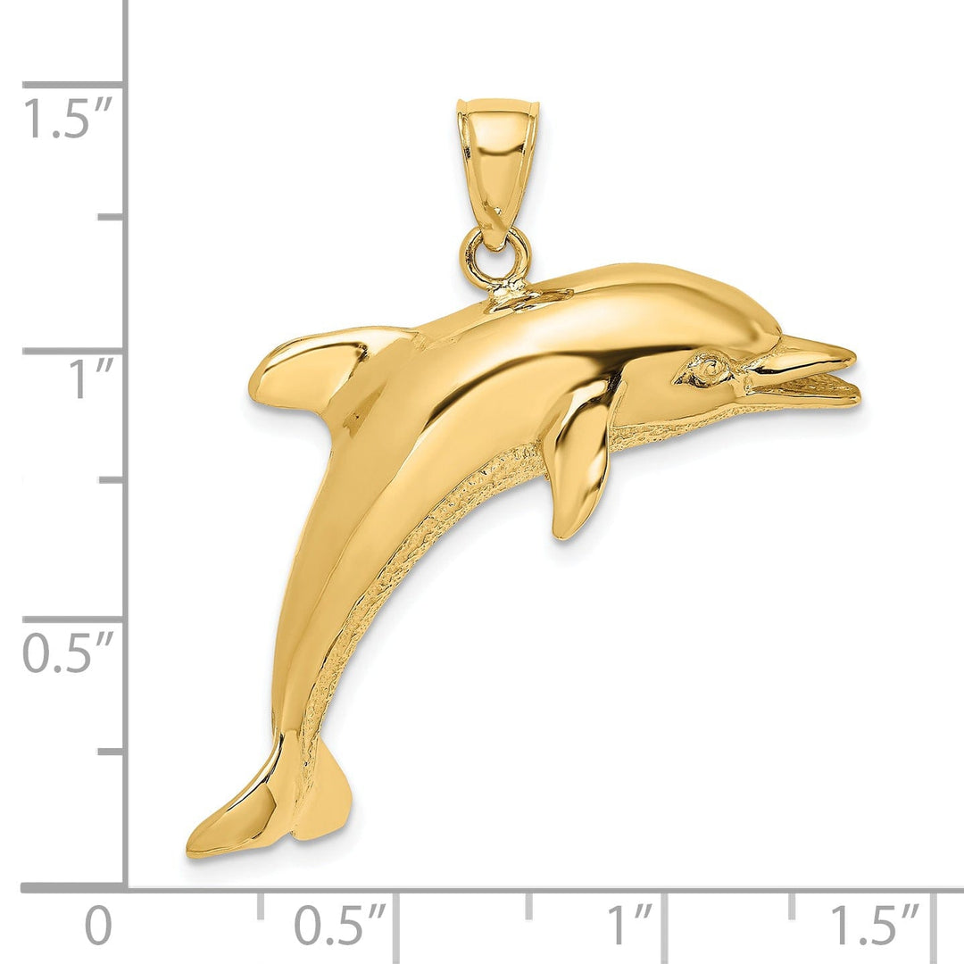 14k Yellow Gold Solid Casted Open Back Polished and Textured Finish Jumping Dolphin Charm Pendant