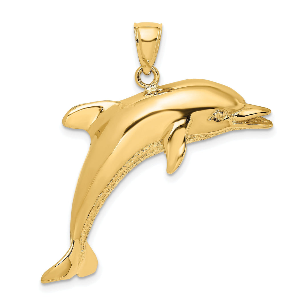 14k Yellow Gold Solid Casted Open Back Polished and Textured Finish Jumping Dolphin Charm Pendant