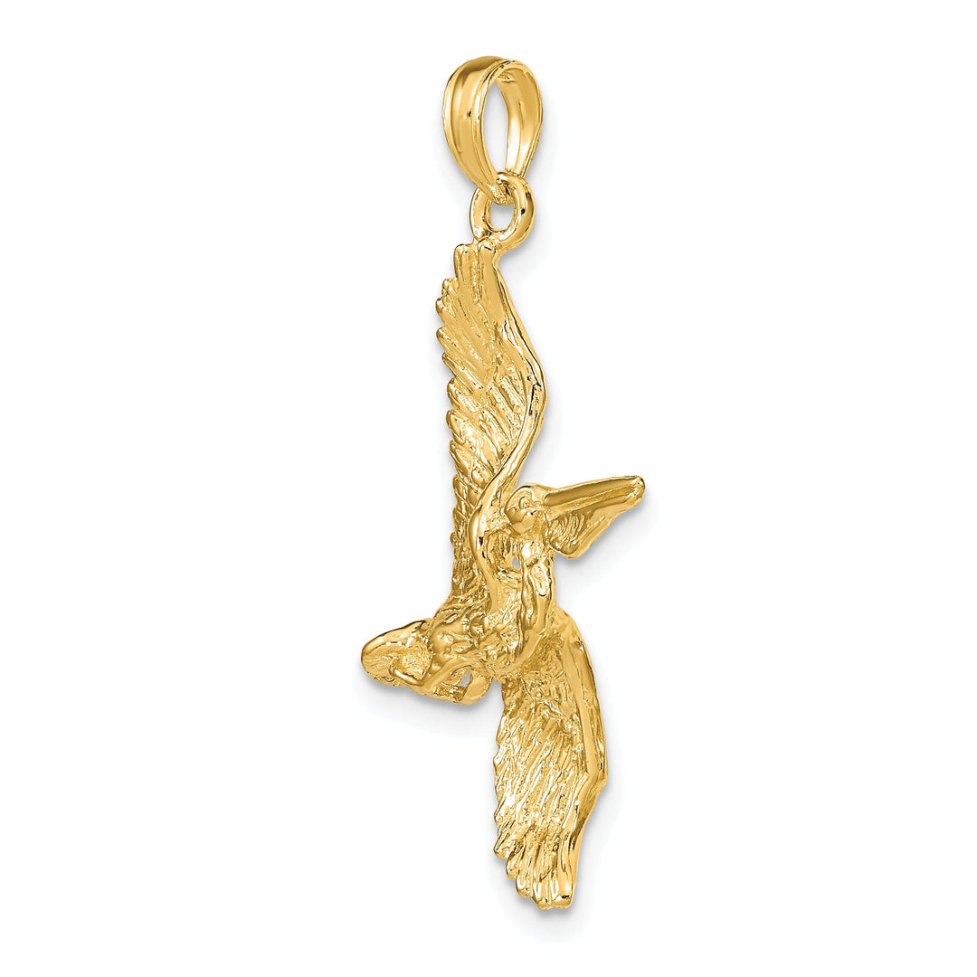 14K Yellow Gold Polished Textured Finish 3-Dimensional Pelican in Flight Charm Pendant