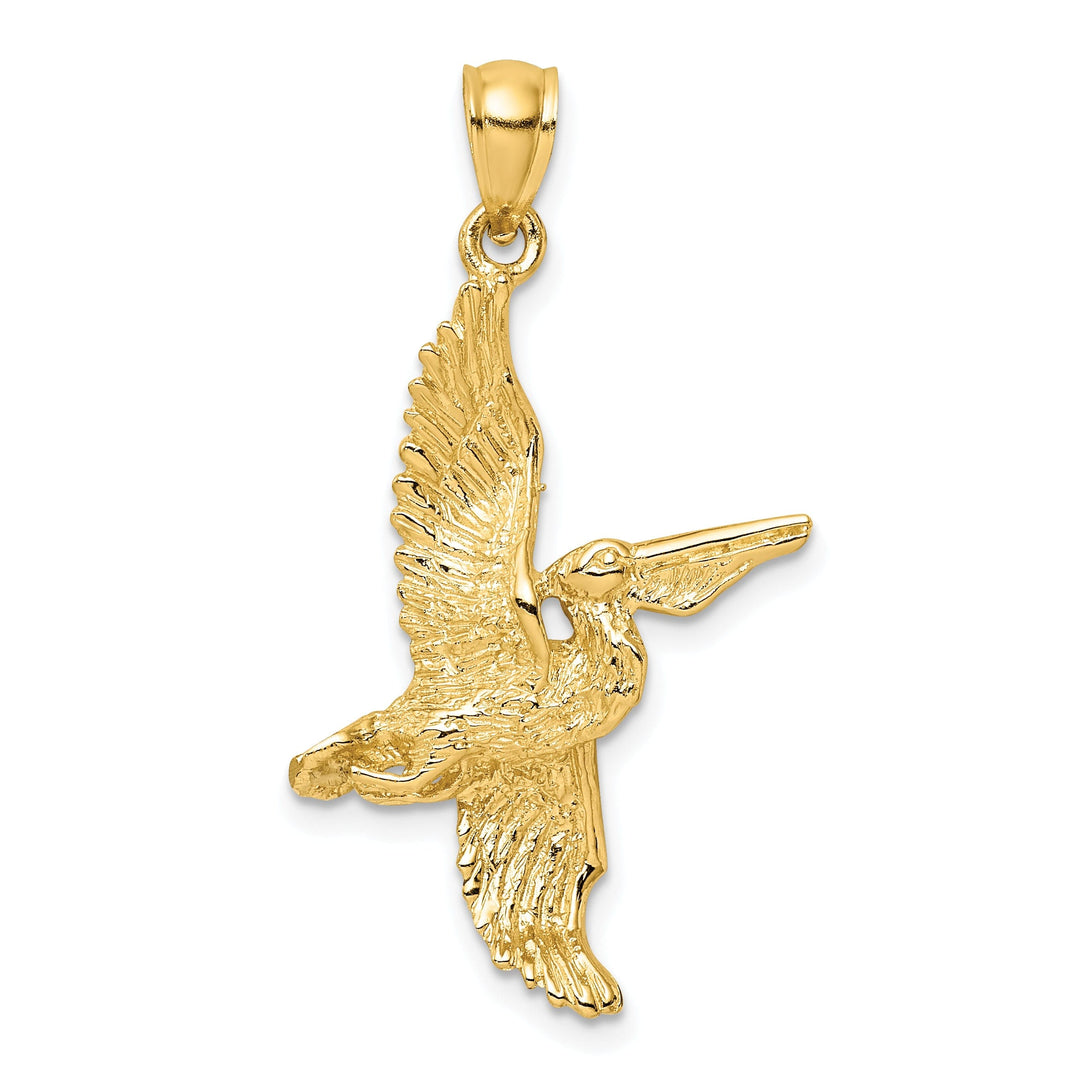 14K Yellow Gold Polished Textured Finish 3-Dimensional Pelican in Flight Charm Pendant