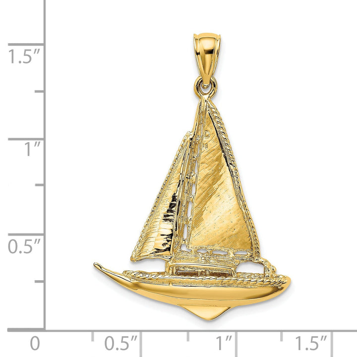 14K Yellow Gold 3-Dimensional Polished Textured Finished Sailboat Design Charm Pendant