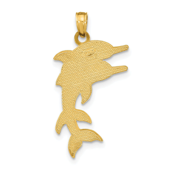 14K Yellow Gold Textured Polished Finish 2-Dimensional Two Jumping Dolphins Design Charm Pendant
