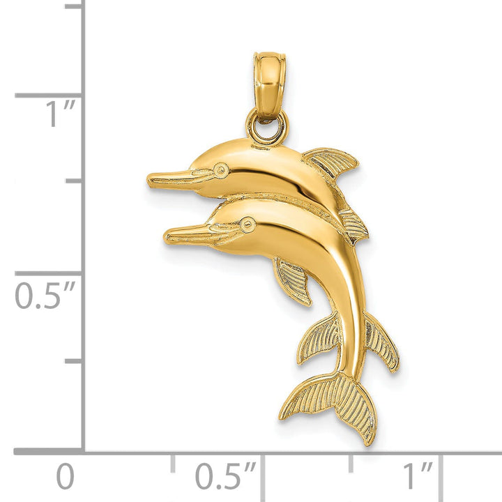 14K Yellow Gold Textured Polished Finish 2-Dimensional Two Jumping Dolphins Design Charm Pendant