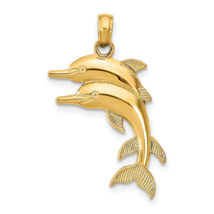 14K Yellow Gold Textured Polished Finish 2-Dimensional Two Jumping Dolphins Design Charm Pendant