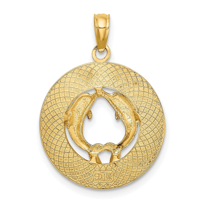 14K Yellow Gold Polished Textured Finish MIAMI BEACH with Double Dolphins in Circle Design Charm Pendant