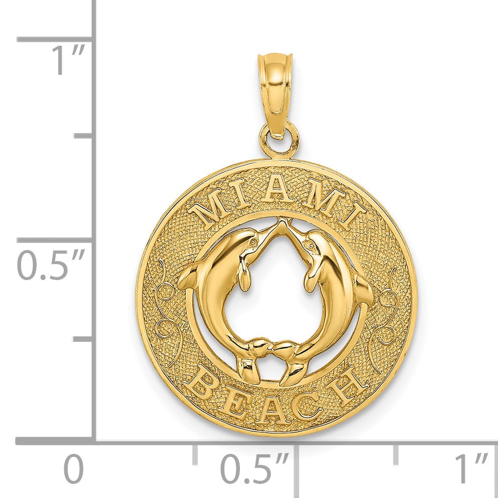 14K Yellow Gold Polished Textured Finish MIAMI BEACH with Double Dolphins in Circle Design Charm Pendant