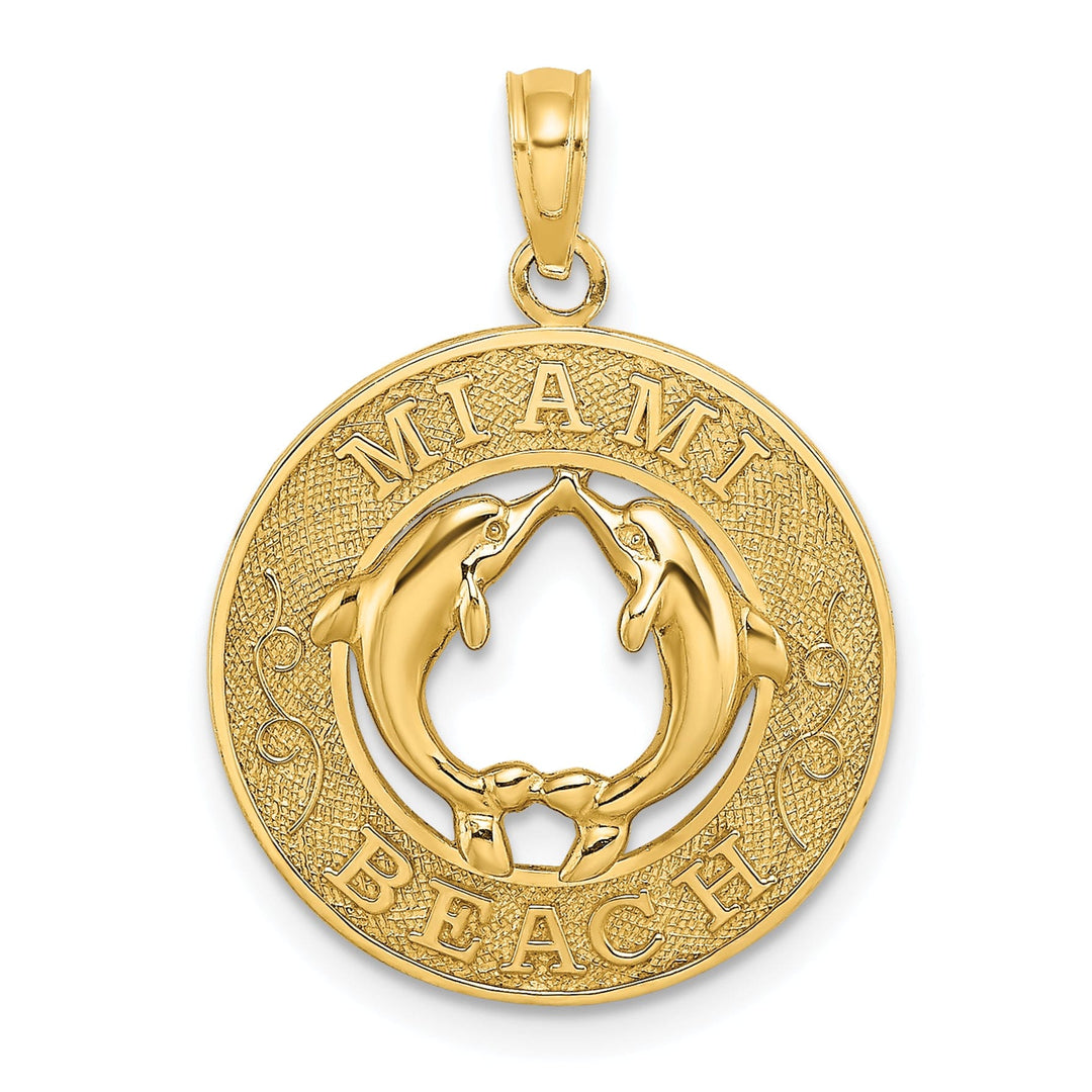 14K Yellow Gold Polished Textured Finish MIAMI BEACH with Double Dolphins in Circle Design Charm Pendant