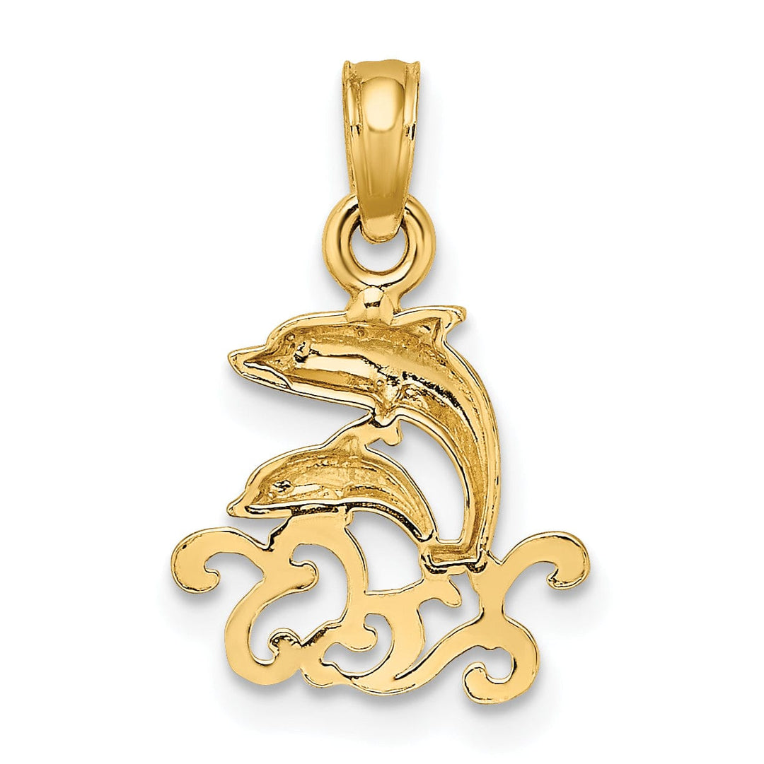14K Yellow Gold Textured Polished Finish Mini Double Dolphins and Waves Design Charm Pendant