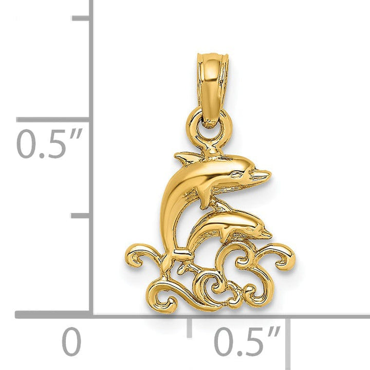 14K Yellow Gold Textured Polished Finish Mini Double Dolphins and Waves Design Charm Pendant