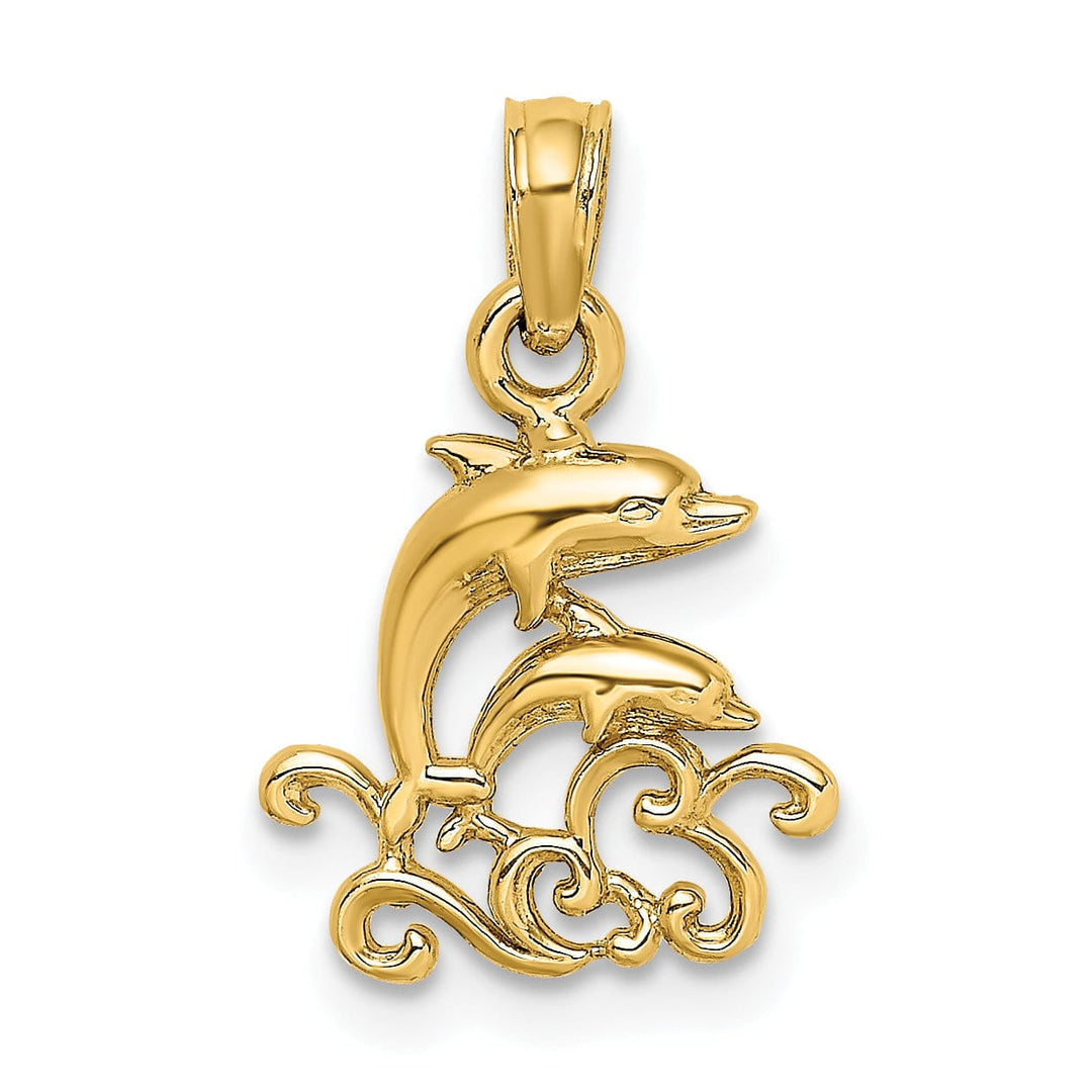 14K Yellow Gold Textured Polished Finish Mini Double Dolphins and Waves Design Charm Pendant