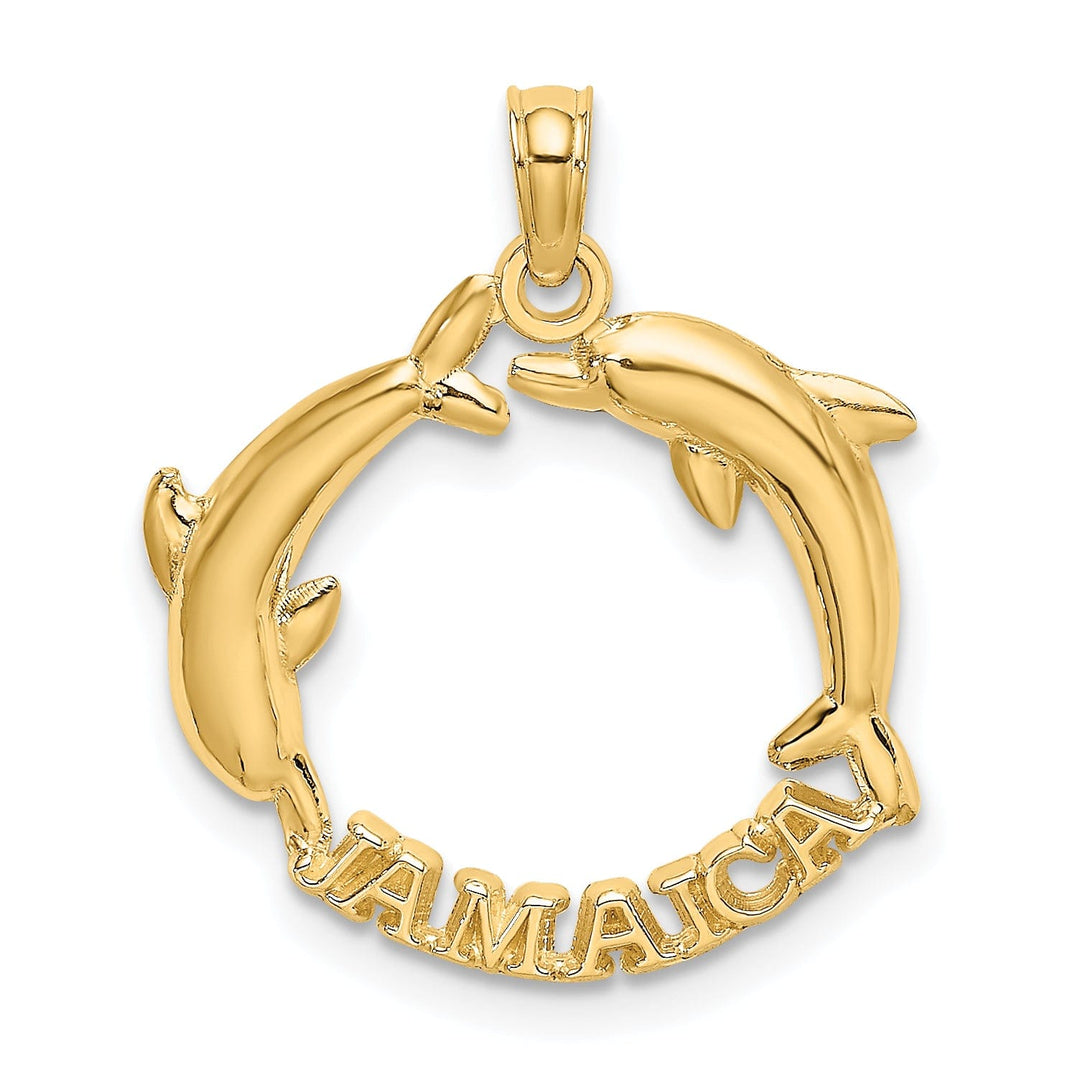 14K Yellow Gold Polished Finish JAMAICA Under Double Dolphins Charm Pendant