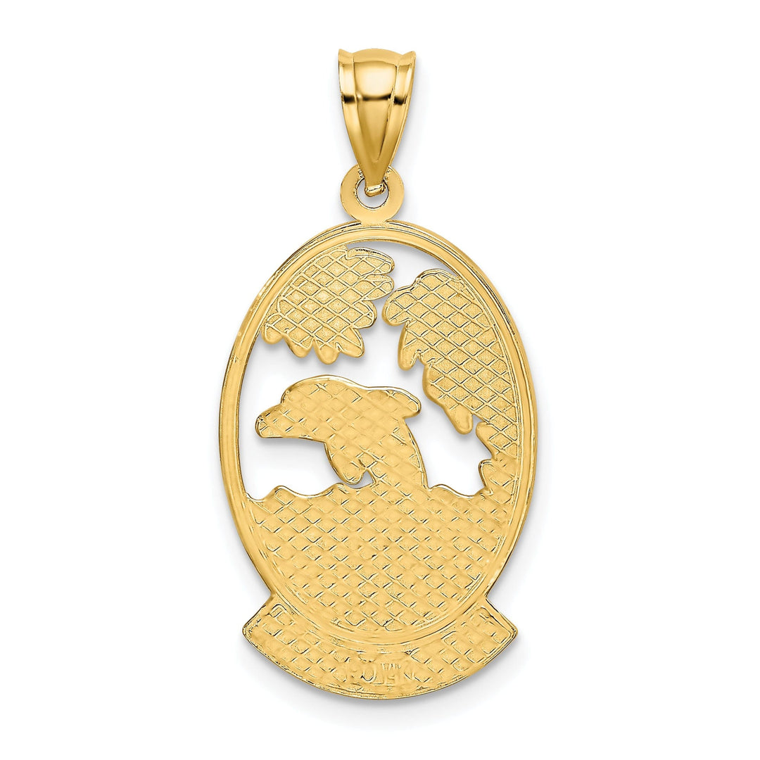 14K Yellow Gold Polished Finish HAWAII with Dolphins, Waves, Sunshine Scene Back Ground Oval Shape Charm Pendant