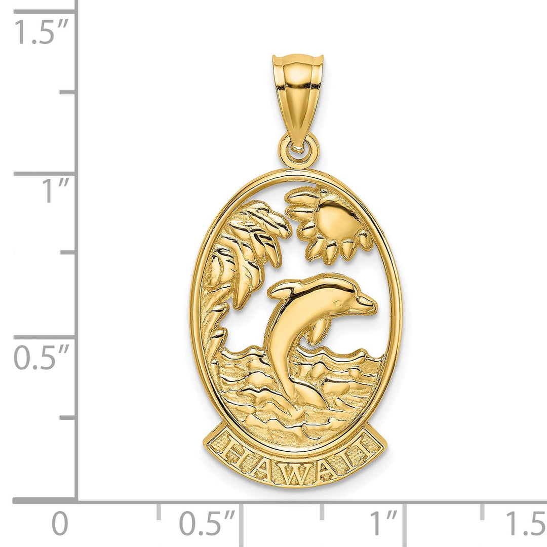 14K Yellow Gold Polished Finish HAWAII with Dolphins, Waves, Sunshine Scene Back Ground Oval Shape Charm Pendant