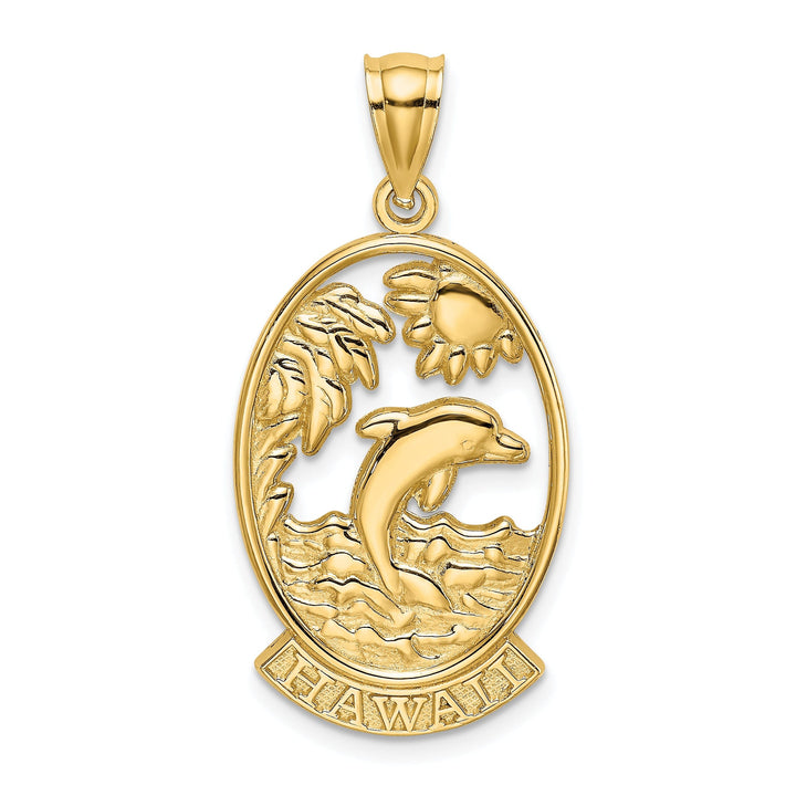 14K Yellow Gold Polished Finish HAWAII with Dolphins, Waves, Sunshine Scene Back Ground Oval Shape Charm Pendant