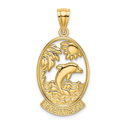 14K Yellow Gold Polished Finish HAWAII with Dolphins, Waves, Sunshine Scene Back Ground Oval Shape Charm Pendant at $ 219.47 only from Jewelryshopping.com
