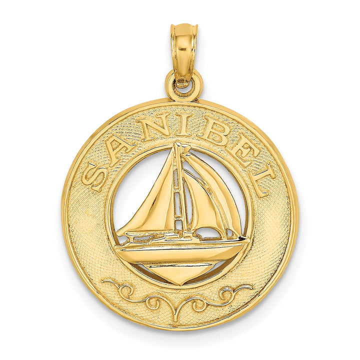 14K Yellow Gold Polished Textured Finish SANIBEL Florida with Sailboat in Circle Design Charm Pendant